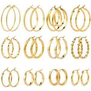12 Pairs Gold Hoop Earrings Set